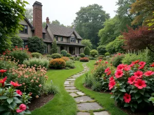 Four-Season Hibiscus Garden - Wide-angle view of a garden designed to showcase hardy hibiscus varieties through different seasons, with winter interest elements and structural features