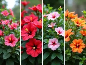 Four Seasons Hibiscus Display - A collage-style image showing the same hibiscus garden through all four seasons, demonstrating year-round interest and proper maintenance techniques