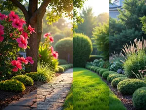 Four Seasons Hibiscus Garden - A professional landscape photography showing a lush hibiscus garden through four seasons in a split-view composition, featuring tropical hibiscus, evergreen shrubs, ornamental grasses, and seasonal companion plants, soft natural lighting