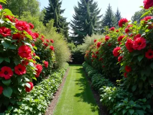 Four Seasons Privacy Screen - Wide-angle shot showing a hibiscus privacy screen through different seasons, with evergreen clematis providing year-round coverage between the hibiscus plants