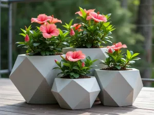 Geometric Hibiscus Display - Close-up of a modern arrangement featuring hibiscus in geometric concrete planters of varying sizes, creating a sculptural display on a contemporary deck