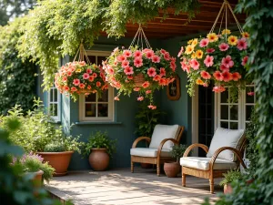 Hanging Hibiscus Retreat - A cozy patio corner with multiple hanging baskets featuring trailing hibiscus varieties in coral and yellow, creating a natural canopy, lifestyle photography style