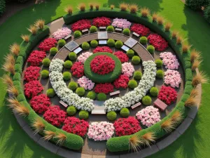 Hardy Hibiscus Display Garden - An aerial view of a circular garden design featuring hardy hibiscus varieties arranged in concentric rings, with rustic wooden benches and educational plaques, surrounded by ornamental grasses