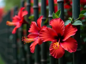 Hibiscus and Bamboo Screen Close-up - Close-up detail of giant red hibiscus flowers against black bamboo stems, creating a dense privacy screen, with natural bokeh effect