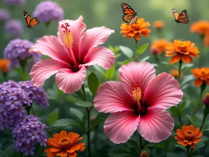 Hibiscus Butterfly Haven - A lush garden scene with pink and red hibiscus flowers as focal points, surrounded by purple butterfly bushes and orange zinnias, with multiple monarch butterflies hovering around the blooms, photorealistic style