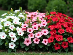 Hibiscus Color Gradient - A designed garden bed showing a gradient of hibiscus flowers from white through pink to deep red, with coordinating foliage plants, photographed straight on