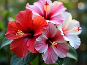 Hibiscus Color Symphony - Close-up shot of multiple hibiscus blooms in red, pink, and white varieties clustered together, showing intricate flower details and natural light filtering through petals, with bokeh effect in background