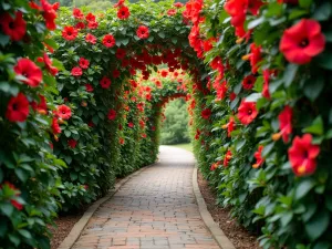 Hibiscus Garden Path - Ground-level perspective of a winding garden path bordered by tall hibiscus plants in full bloom, creating a tunnel-like effect with overhanging flowers