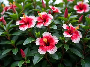 Hibiscus Privacy Screen Close-up - Close-up view of dense hibiscus hedge with large red and white blooms, creating a natural privacy screen, showing intricate flower details and glossy leaves