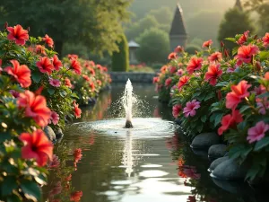 Hibiscus Water Garden Oasis - A tranquil garden pond surrounded by blooming red and pink hibiscus plants, with a gentle cascading fountain in the center, captured in warm evening light, photorealistic style