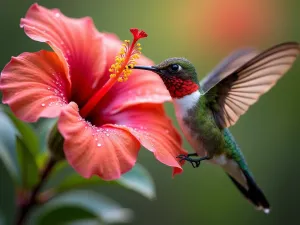 Hummingbird Hibiscus Moment - Macro shot of a ruby-throated hummingbird feeding from a large coral hibiscus flower, with morning dew drops glistening on the petals, soft bokeh background