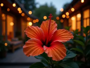 Illuminated Evening Hibiscus - Close-up shot of a dramatic orange hibiscus flower illuminated by warm LED spotlights, creating magical evening ambiance on a contemporary deck, bokeh background