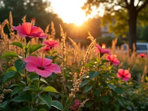 Late Summer Hibiscus Display - Normal perspective of late-blooming hibiscus varieties mixed with ornamental grasses and autumn-flowering perennials, captured during golden hour