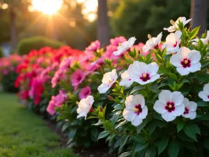 Layered Hibiscus Border Design - Professional landscape photograph of a stunning layered garden border with tall red Lord Baltimore hibiscus at the back, medium-height pink Luna Rose hibiscus in the middle, and white Luna White hibiscus in the front, creating a perfect color gradient, shot during golden hour, photorealistic