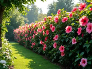 Layered Hibiscus Privacy Screen - A lush privacy screen of tall pink and red hibiscus plants arranged in rows, complemented by climbing jasmine vines, photographed in soft morning light, creating a natural garden boundary