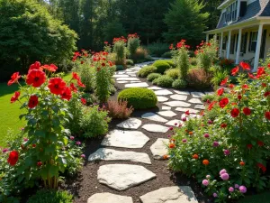 Layered Pollinator Paradise - Aerial view of a terraced garden design featuring tall red hibiscus plants, medium-height bee balm, and low-growing zinnias creating a colorful tapestry effect, with natural stone pathways weaving through