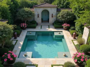 Meditation Pool with Hibiscus - Aerial view of a square meditation pool surrounded by potted pink hibiscus and wall fountains, with oriental garden elements