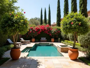 Mediterranean Style Screen - Wide angle view of a hibiscus privacy screen integrated with terra cotta pots and Mediterranean cypress trees, creating a resort-style atmosphere