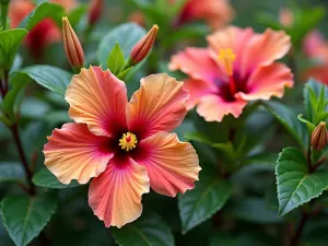 Mixed Border Detail - Intimate close-up of hibiscus flowers intermingling with companion plants, showing the intricate relationship between different plant heights and textures in the border design