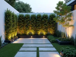 Modern Hibiscus Border - Contemporary garden design featuring a straight-line hibiscus privacy screen against a modern white wall, with geometric planters and LED ground lighting