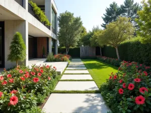 Modern Hibiscus Landscape - Wide shot of a contemporary garden featuring hibiscus plants integrated with modern architectural elements, geometric patterns, and minimal hardscaping