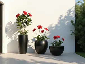 Modern Hibiscus Statement - Wide-angle view of a minimalist patio featuring three oversized black planters with sculptural hibiscus specimens, arranged against a white wall with dramatic shadow play