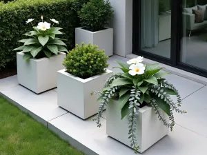 Modern Tropical Haven - Aerial view of a contemporary patio setup with large square concrete planters containing white hibiscus, black-leafed coleus, and silver sweet potato vine, creating a modern monochromatic look