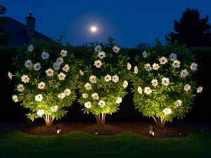 Moonlit Privacy Screen - Night photography of a hibiscus privacy screen with white varieties glowing in moonlight, complemented by solar garden lights