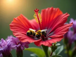 Morning Garden Activity - Close-up view of multiple pollinators visiting a mixed planting of red hibiscus and purple bee balm in early morning light, with dew drops visible