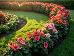 Morning Hibiscus Garden - Aerial view of a curved garden border with hibiscus plants in various colors, morning dew visible on leaves, early sunlight casting long shadows, photorealistic garden photography