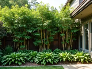 Multi-layered Tropical Screen - Close-up view of a three-tiered privacy screen with tall hibiscus at the back, mid-height bamboo, and tropical ferns in the foreground