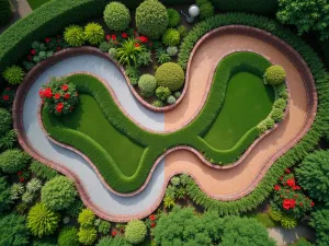 Multi-Season Hibiscus Path - Aerial view of a winding garden path bordered by hibiscus plants and companions showing transition through seasons, divided into four distinct sections