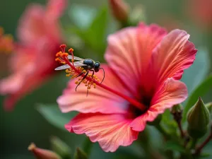 Native Hibiscus Collection - Close-up shot of native hibiscus flowers in various stages of bloom, with detailed view of their distinctive characteristics and natural pollinators, soft bokeh background