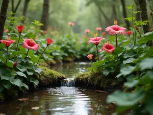 Natural Bog Garden - Close-up perspective of a naturalistic bog garden featuring swamp hibiscus, pitcher plants, and a small bubbling spring