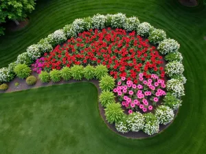 Naturalistic Garden Design - Bird's eye view of a curved garden bed featuring masses of hibiscus, butterfly bush, and bee balm arranged in a naturalistic drift pattern, with visible wildlife activity