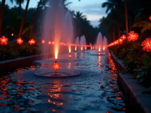 Night-Lit Hibiscus Fountain - Evening scene of illuminated fountain streams with silhouetted hibiscus flowers and glowing uplights on elephant ears