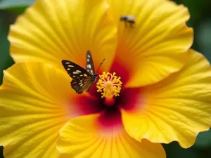 Pollinator Activity Closeup - Extreme close-up of a giant yellow hibiscus flower with both a butterfly and bee visible, showing intricate details of the flower structure and insects