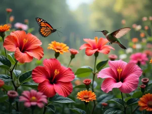 Pollinator Paradise - Wide-angle shot of butterflies and hummingbirds visiting a mixed hibiscus garden with giant dinner-plate sized blooms in various colors, complemented by native wildflowers