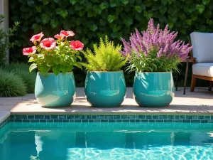 Poolside Tropical Display - Wide shot of pool edge with large turquoise glazed containers featuring coral hibiscus, lime coleus, and purple sweet potato vine reflecting in the water, bright midday light