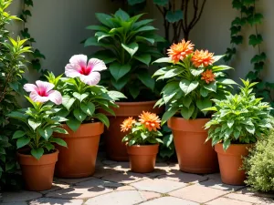 Portable Paradise Corner - Wide shot of a corner garden arrangement featuring five terra cotta containers of different sizes with pink and white hibiscus, orange coleus, and trailing sweet potato vines, dappled sunlight