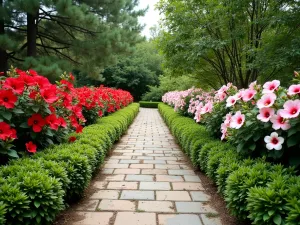 Rainbow Hibiscus Path - Walking path perspective with hibiscus border on both sides, showing gradual color transitions from red to pink to white, with companion plants creating lower interest