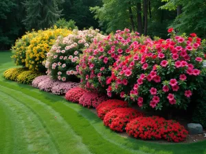 Rainbow Hibiscus Screen - Aerial view of a curved privacy screen featuring hibiscus varieties in progressive color changes from yellow to pink to red to purple