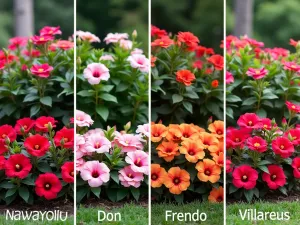 Seasonal Hibiscus Timeline - Split-view image showing the same hibiscus border at different bloom times, demonstrating continuous color throughout the season with various varieties