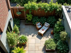 Small Space Hibiscus Haven - Aerial view of a compact urban garden maximizing space with vertical hibiscus plantings, hanging baskets, and clever use of corners and walls