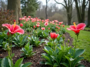 Spring Hibiscus Companion Garden - Wide-angle view of a blooming spring garden featuring emerging hibiscus shoots with flowering bulbs, hellebores, and early-blooming perennials in a naturalistic design