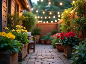 Summer Patio Oasis - Eye-level shot of a cozy patio corner with rustic wooden planters featuring yellow hibiscus, red coleus, and lime sweet potato vine, string lights overhead, early evening atmosphere