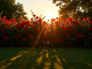 Sunset Hibiscus Border - Backlit hibiscus privacy screen photographed during golden hour, showing silhouettes of large flowers and creating dramatic shadows on the lawn