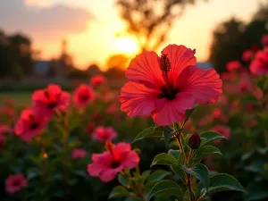 Sunset Hibiscus Display - Wide shot of a hibiscus border during sunset, backlit flowers glowing in evening light, showing the dramatic height differences between varieties, with companion plants creating a lush undergrowth