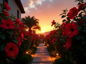 Sunset Hibiscus Garden - Wide-angle shot of a hibiscus garden at sunset, featuring silhouetted flowers against a golden sky, with illuminated garden paths and accent lighting