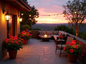 Sunset Hibiscus Terrace - A romantic patio setting at sunset with mixed-height hibiscus planters in terra cotta pots, soft LED lighting, and comfortable seating, creating a warm atmosphere